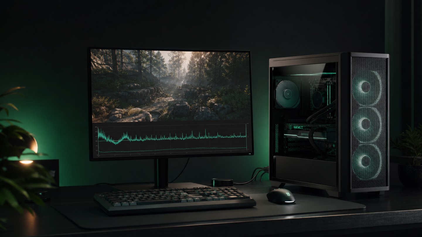 Grafitszínű PC gaming setup teljesítménygrafikont mutató monitorral